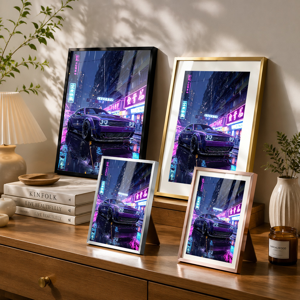 Paarse auto in neon stadslands - Car Mirror recensie en prijs