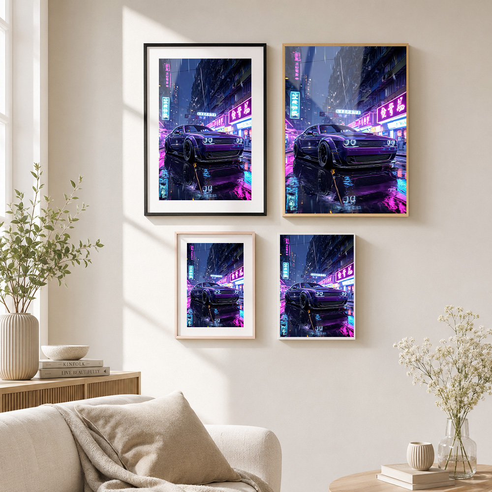 Paarse auto in neon stadslands - Car Mirror recensie en prijs